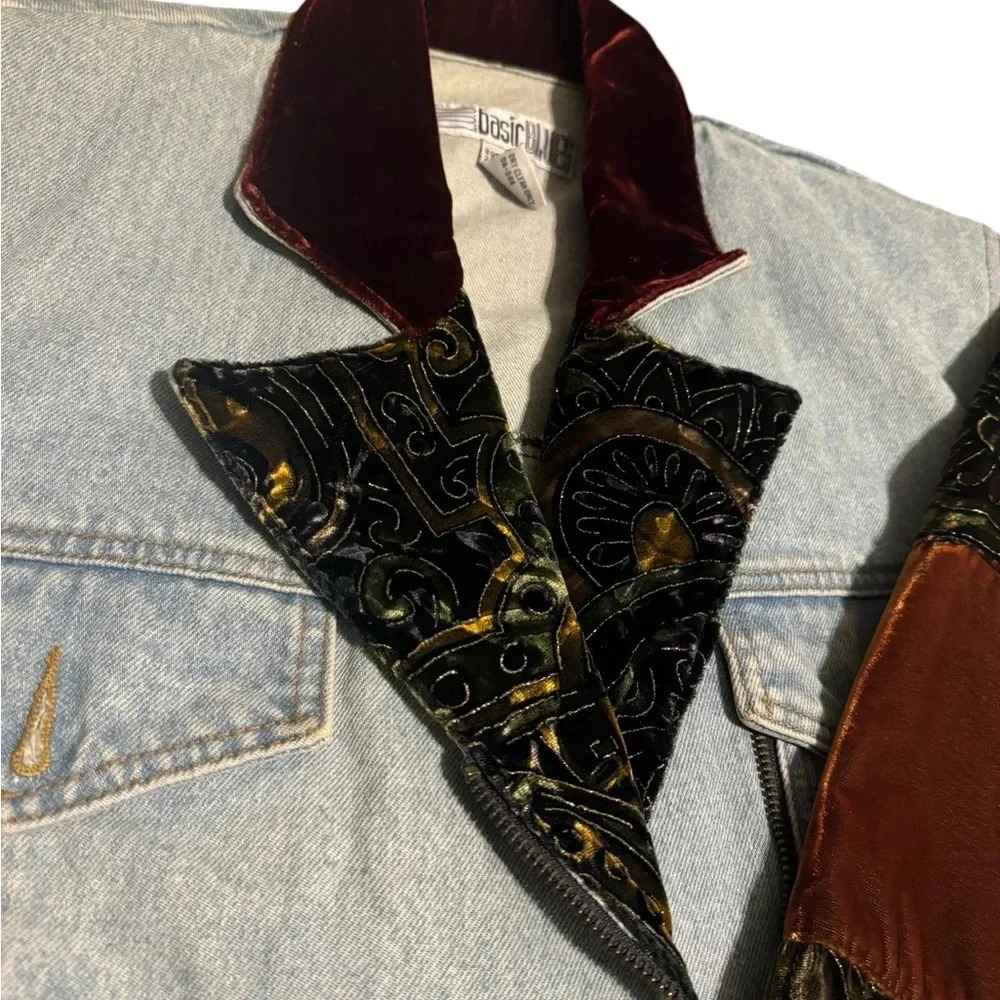 Vintage Basic Blues Patchwork Denim Jacket Velvet… - image 3